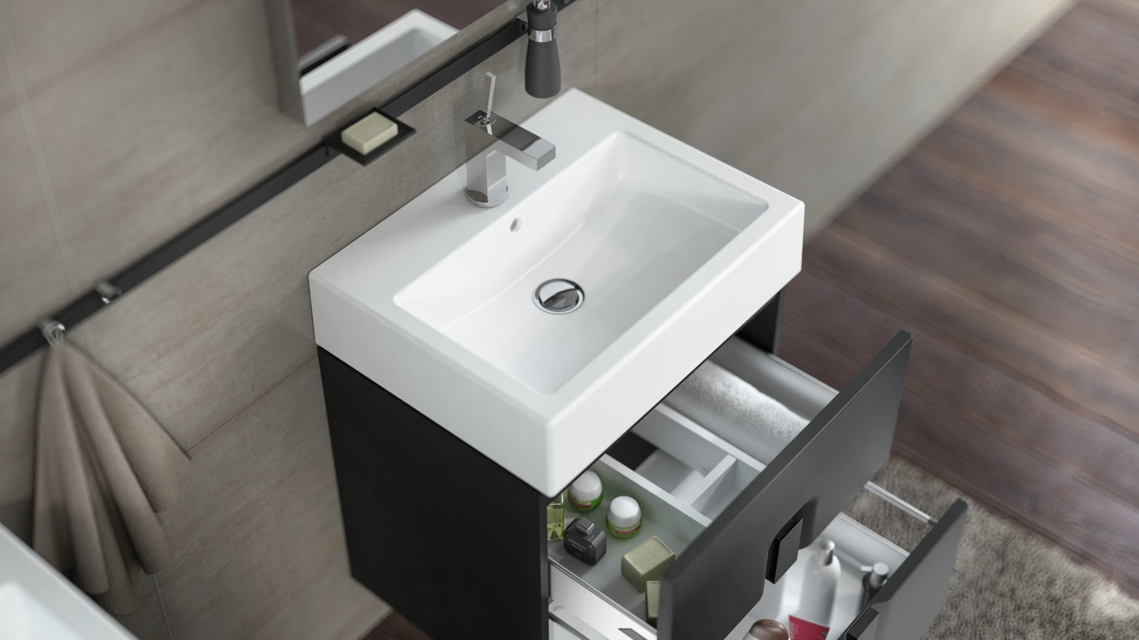 Umyvadlo Twins a černá skříňka pod umyvadlo s dvěma zásuvkami Umyvadlo Twins a černá skříňka pod umyvadlo s dvěma zásuvkami