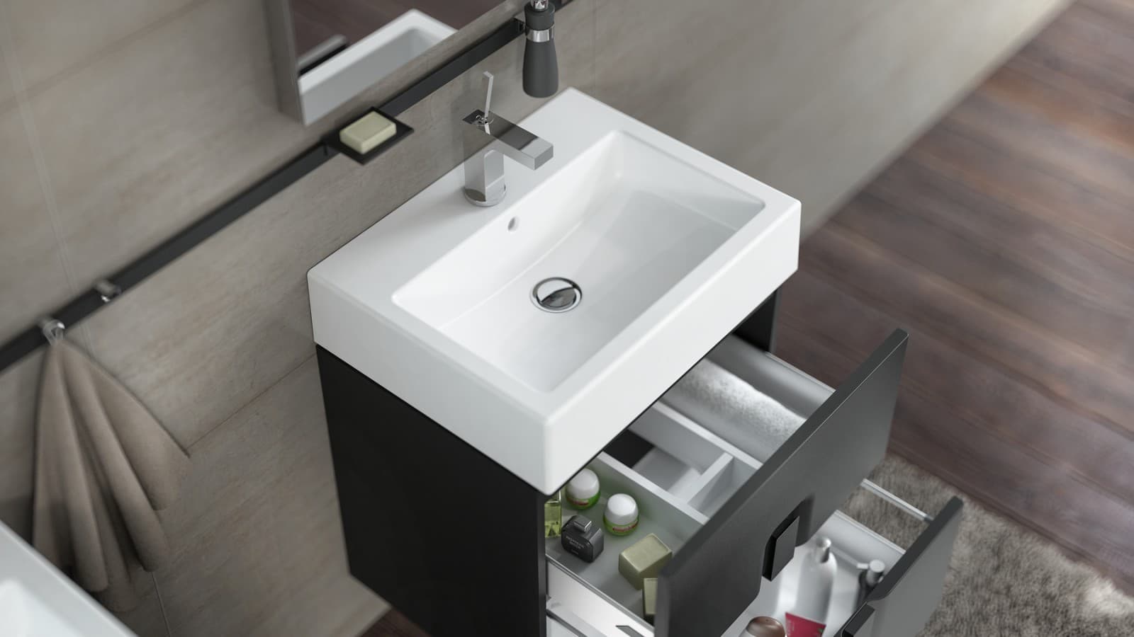 Umyvadlo Twins a černá skříňka pod umyvadlo s dvěma zásuvkami Umyvadlo Twins a černá skříňka pod umyvadlo s dvěma zásuvkami